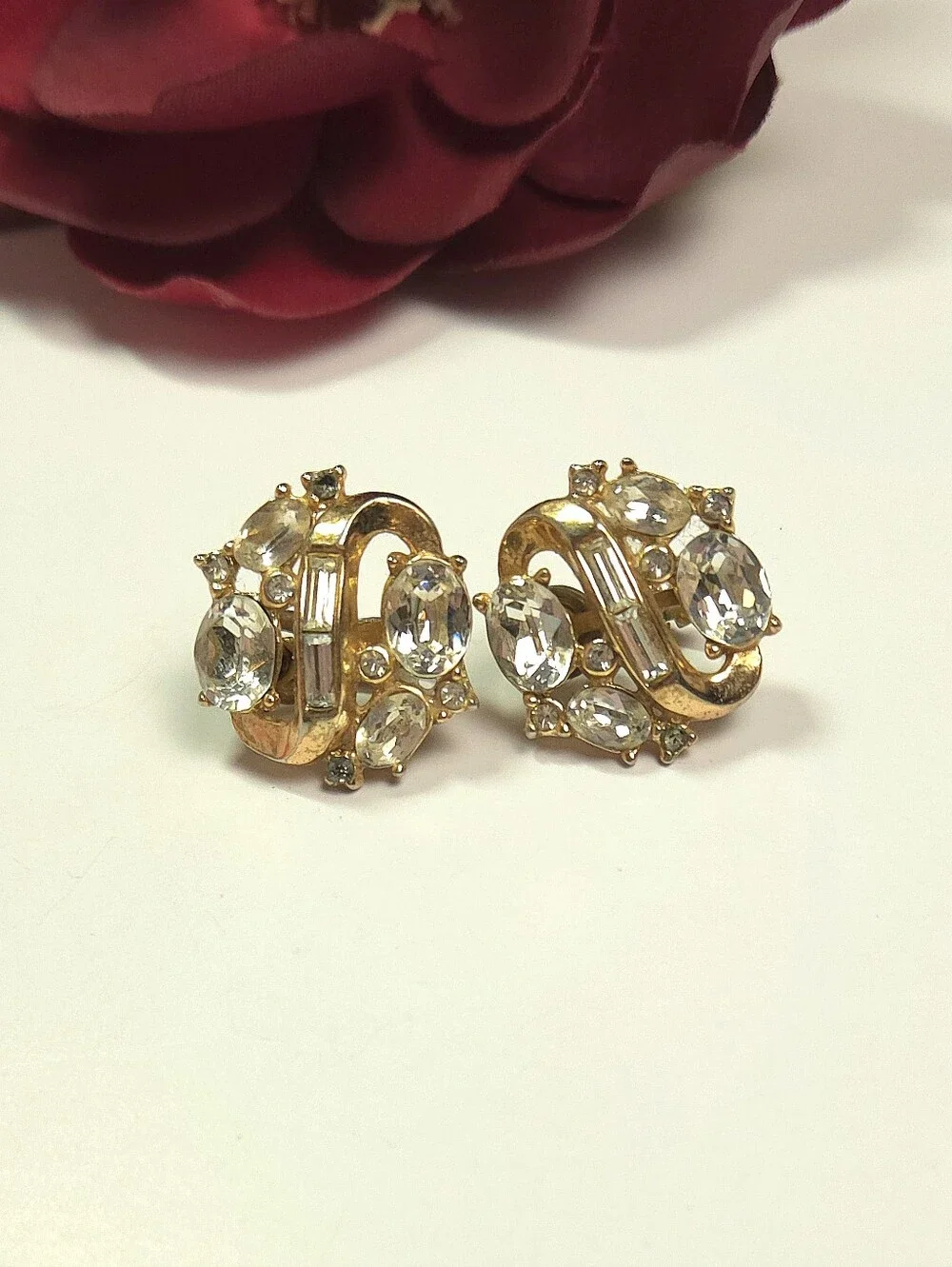 Vintage Trifari Gold Tone Swirl Crystal Earrings Clip on Statement Earrings